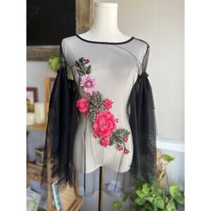 Vintage Y2K Black Sheer Blouse Embroidered Florals Dramatic Sleeves Size Medium